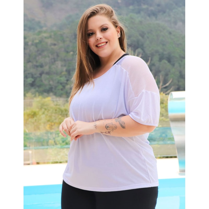 Blusa Feminina Plus Size em Dry Fit Branco com Tela | Ref: 4.4.4143-02