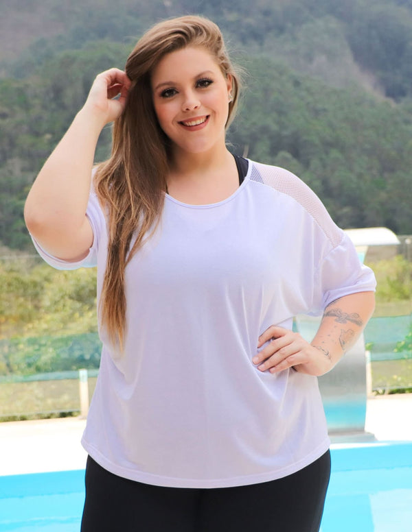 Blusa Feminina Plus Size em Dry Fit Branco com Tela | Ref: 4.4.4143-02