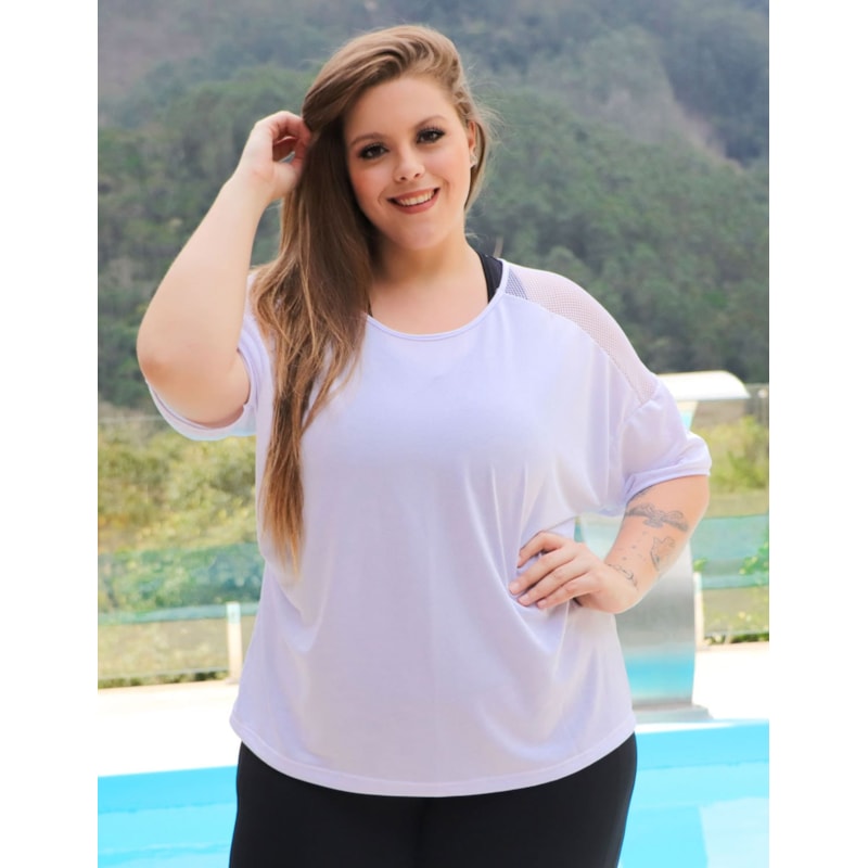Blusa Feminina Plus Size em Dry Fit Branco com Tela | Ref: 4.4.4143-02