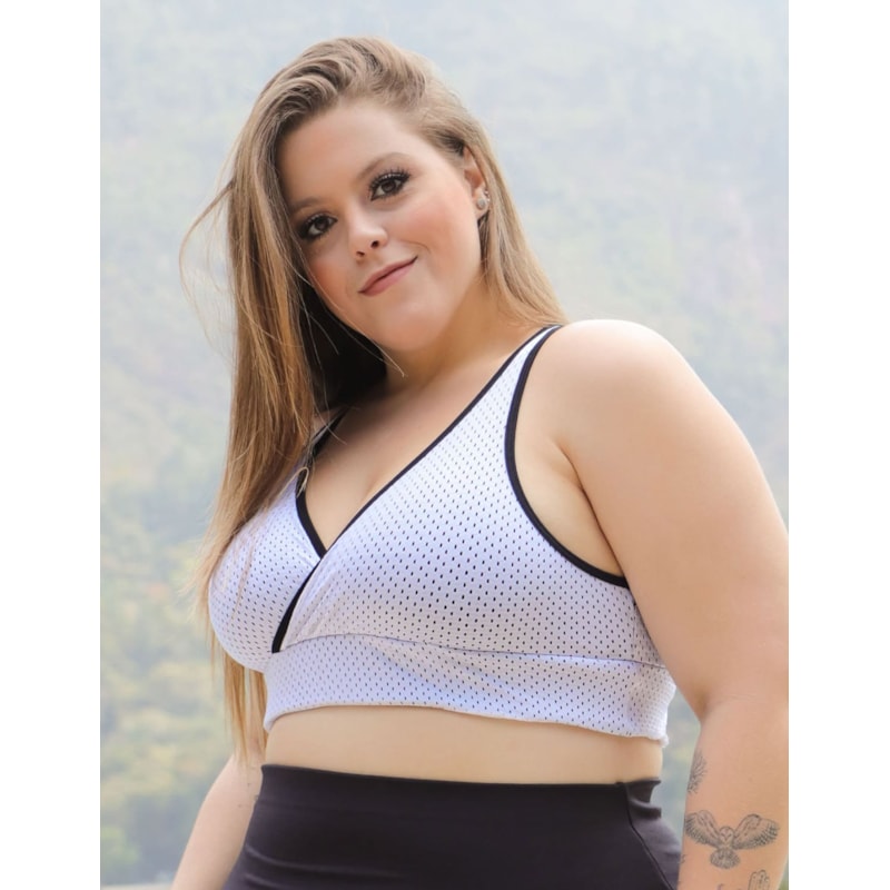 Cropped Fitness Plus Size Preto com Tela de Poliamida Branca | Ref: 4.4.4304-0102