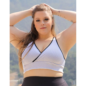 Cropped Fitness Plus Size Preto com Tela de Poliamida Branca | Ref: 4.4.4304-0102