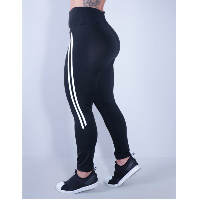 Calça Fitness Preta com Listras Brancas nas Laterais | Ref: 4.4.4336-0102