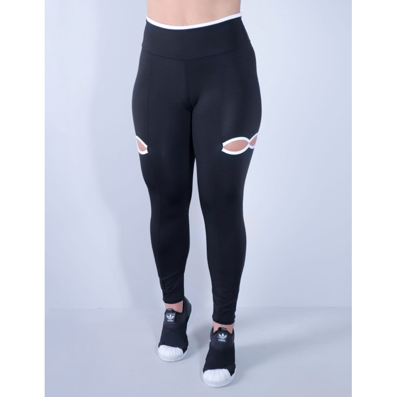 Calça Feminina Fitness Preta com Recortes com Viés Branco | Ref: 4.4.4338-0102
