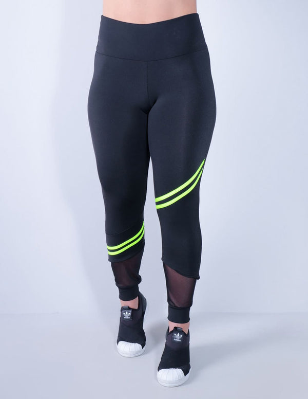 Calça Legging Preta com Tule Listras Verde Neon | Ref: 4.4.4339-0132