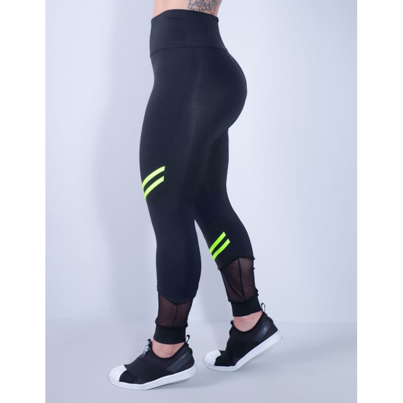 Calça Legging Preta com Tule Listras Verde Neon | Ref: 4.4.4339-0132