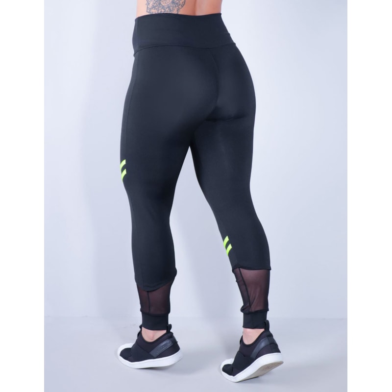 Calça Legging Preta com Tule Listras Verde Neon | Ref: 4.4.4339-0132