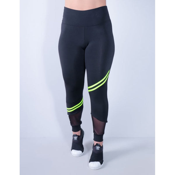 Calça Legging Preta com Tule Listras Verde Neon | Ref: 4.4.4339-0132