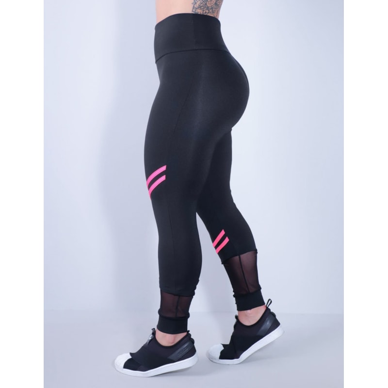 Calça Fitness Feminina Preta com Listras Rosa Neon e Tule | Ref: 4.4.4339-0139