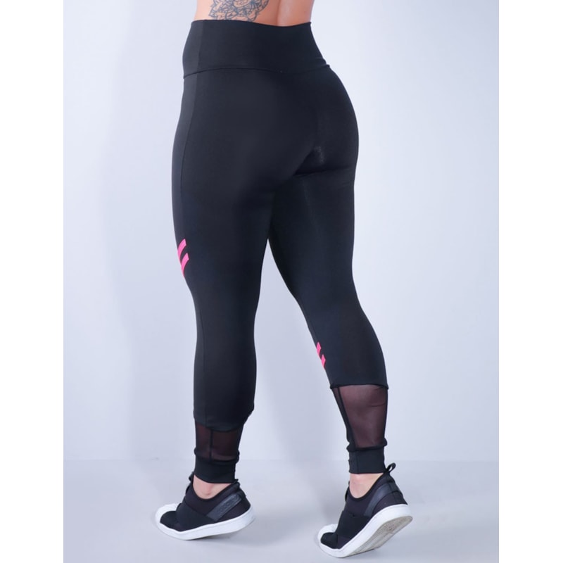 Calça Fitness Feminina Preta com Listras Rosa Neon e Tule | Ref: 4.4.4339-0139