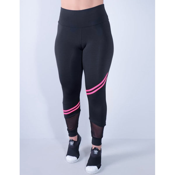 Calça Fitness Feminina Preta com Listras Rosa Neon e Tule | Ref: 4.4.4339-0139