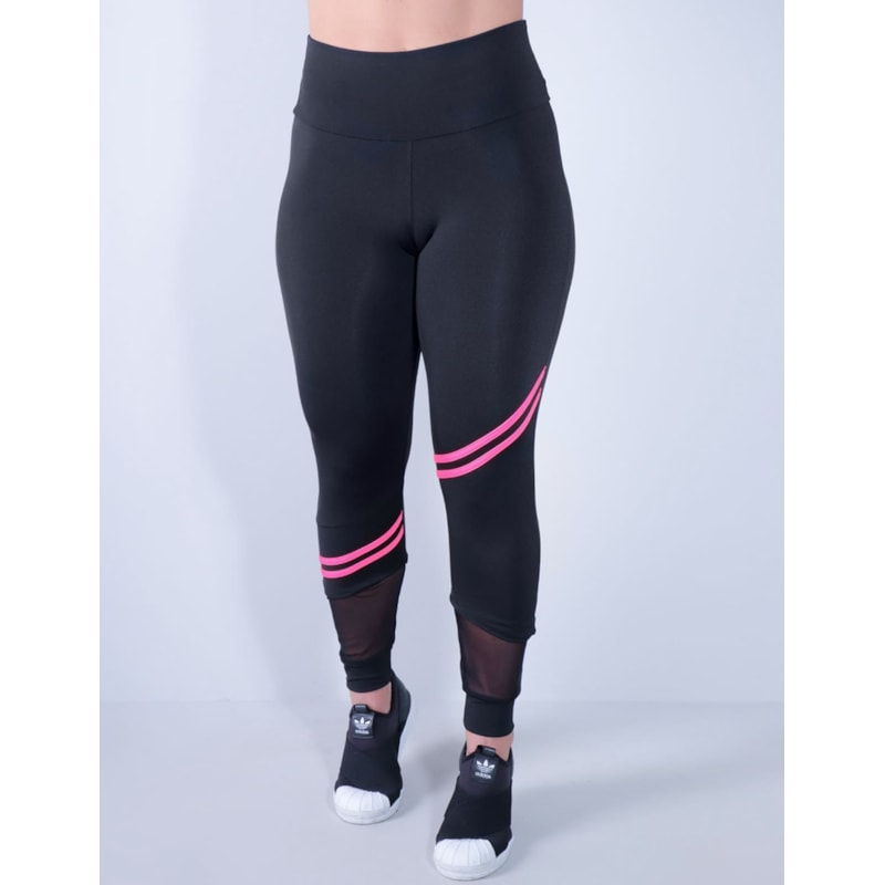 Calça Fitness Feminina Preta com Listras Rosa Neon e Tule | Ref: 4.4.4339-0139