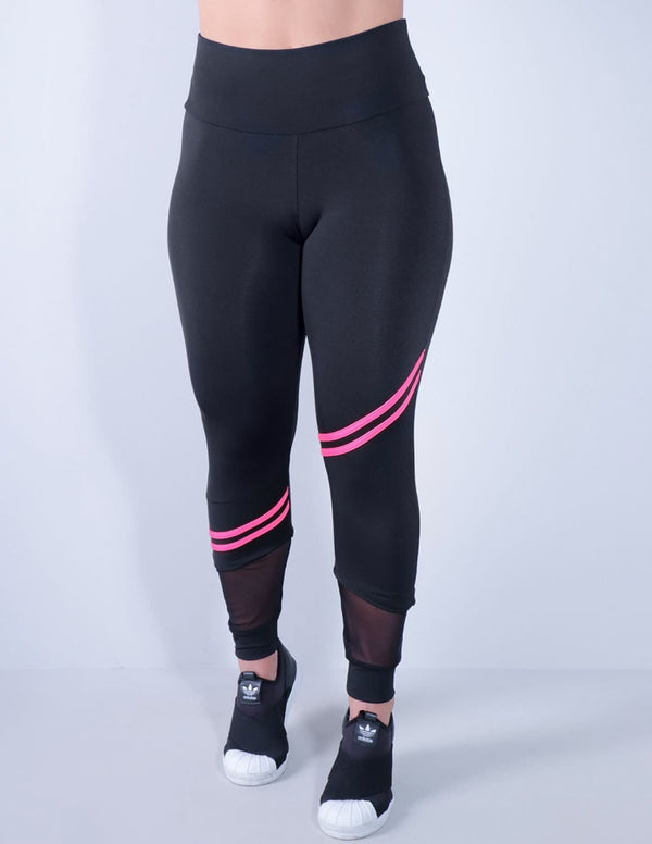 Calça Fitness Feminina Preta com Listras Rosa Neon e Tule | Ref: 4.4.4339-0139