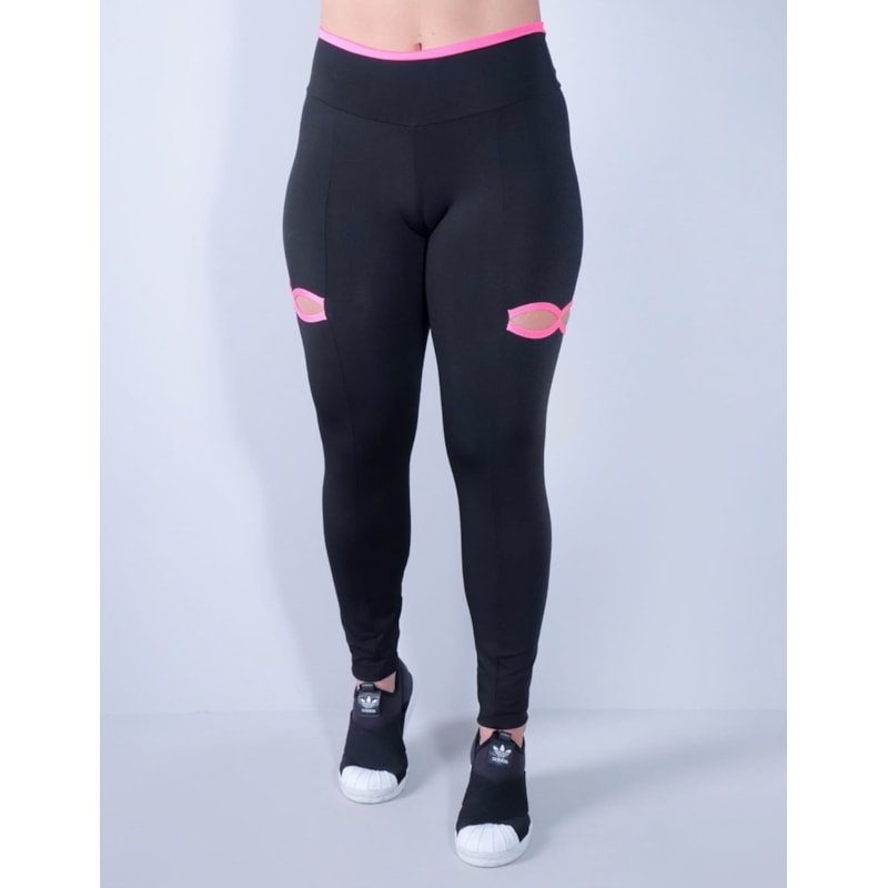 Calça Legging Preta com Recortes nas Pernas e Viés Rosa | Ref: 4.4.4338-0139