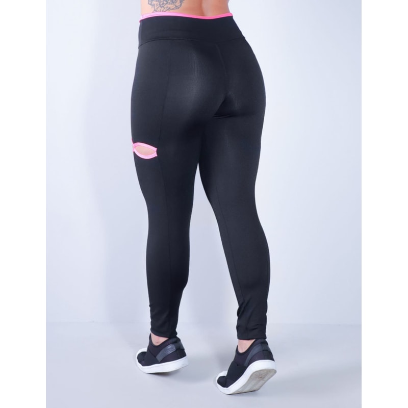 Calça Legging Preta com Recortes nas Pernas e Viés Rosa | Ref: 4.4.4338-0139