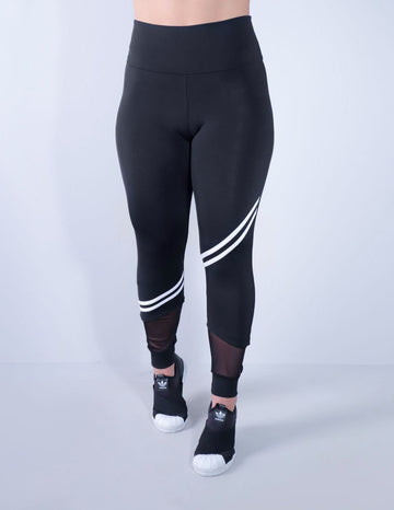 Calça Fitness Feminina Preta com Tule e Listras Brancas | Ref: 4.4.4339-0102