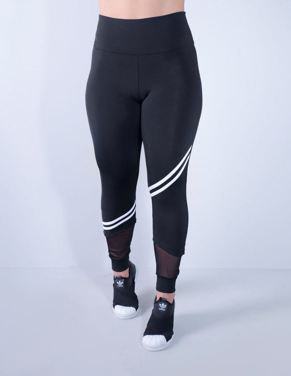 Calça Fitness Feminina Preta com Tule e Listras Brancas | Ref: 4.4.4339-0102
