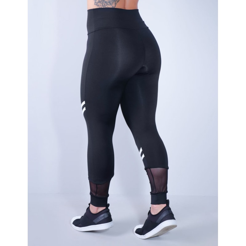 Calça Fitness Feminina Preta com Tule e Listras Brancas | Ref: 4.4.4339-0102