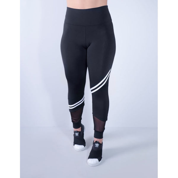 Calça Fitness Feminina Preta com Tule e Listras Brancas | Ref: 4.4.4339-0102