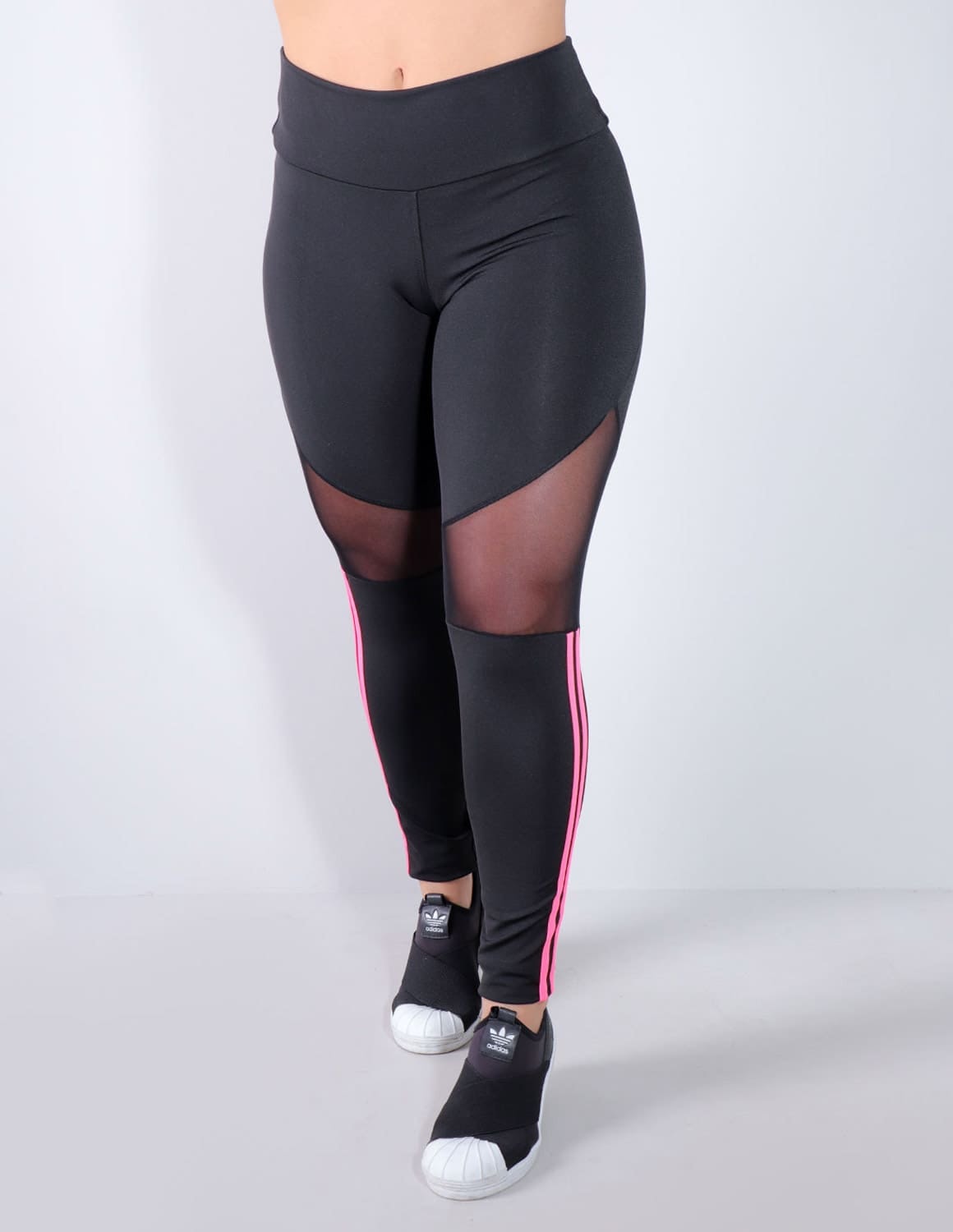 Calça Legging Preta com Tule e Listras Rosa Neon | Ref: 4.4.4340-0139