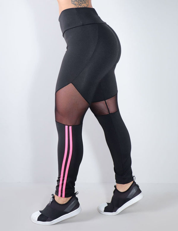 Calça Legging Preta com Tule e Listras Rosa Neon | Ref: 4.4.4340-0139
