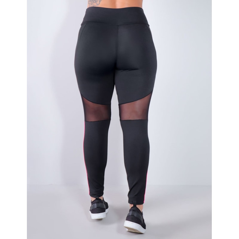 Calça Legging Preta com Tule e Listras Rosa Neon | Ref: 4.4.4340-0139