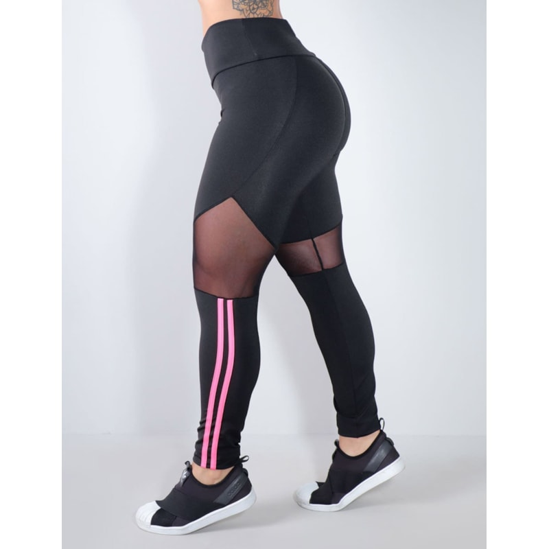 Calça Legging Preta com Tule e Listras Rosa Neon | Ref: 4.4.4340-0139