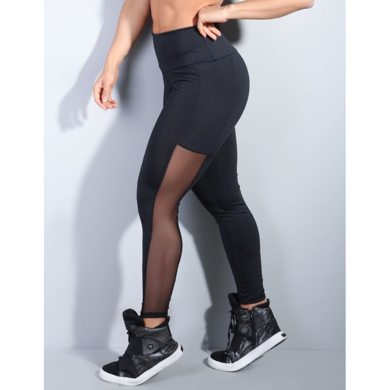 Calça Legging para Academia Preta com Tule nas Laterais | Ref: 4.4.1715-01