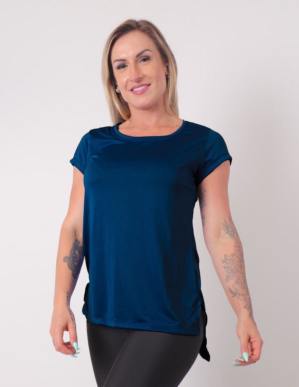 Blusa Feminina em Dry Fit Alongada com Manguinhas Azul Marinho | Ref: 4.4.4461-18