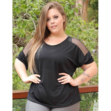 Blusa Preta Plus Size em Dry Fit com Recorte de Tela | Ref: 4.4.4143-0101