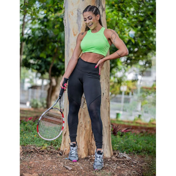 Conjunto Com Cropped Verde Neon sem Bojo e Legging Preta | Ref: 8.8.0152-0132