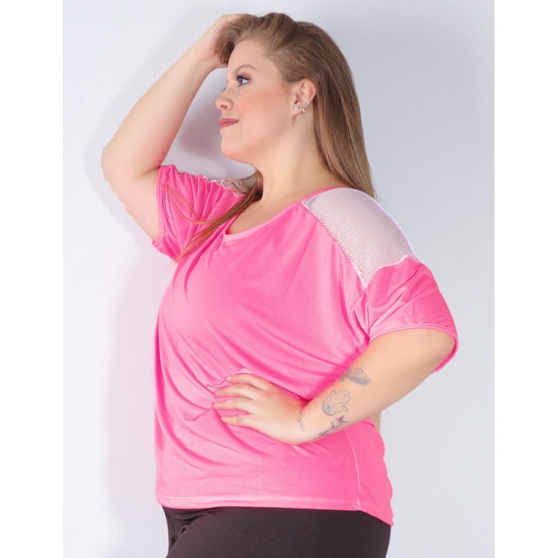 Blusa Fitness Plus Size Rosa Neon com Tela Branca | Ref: 4.4.4143-3902