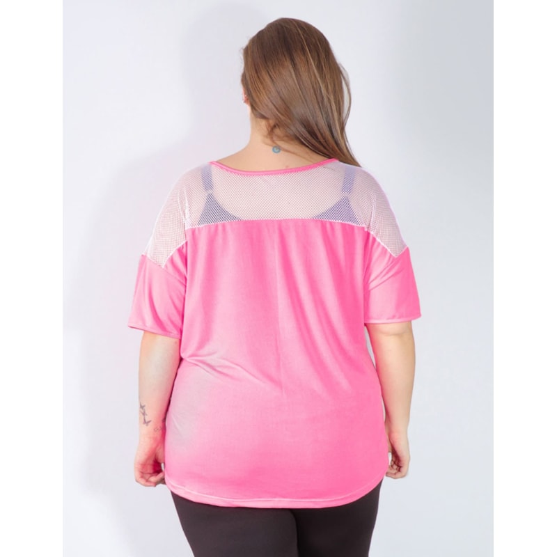 Blusa Fitness Plus Size Rosa Neon com Tela Branca | Ref: 4.4.4143-3902