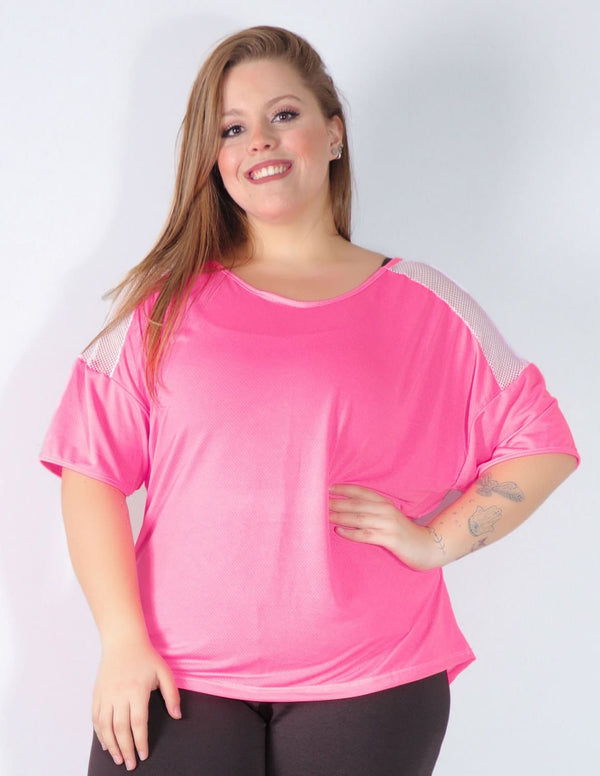 Blusa Fitness Plus Size Rosa Neon com Tela Branca | Ref: 4.4.4143-3902