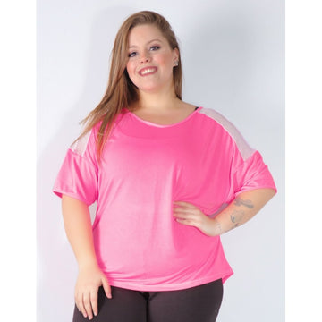 Blusa Fitness Plus Size Rosa Neon com Tela Branca | Ref: 4.4.4143-3902