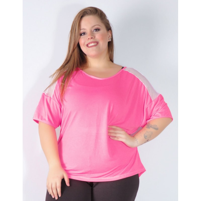 Blusa Fitness Plus Size Rosa Neon com Tela Branca | Ref: 4.4.4143-3902