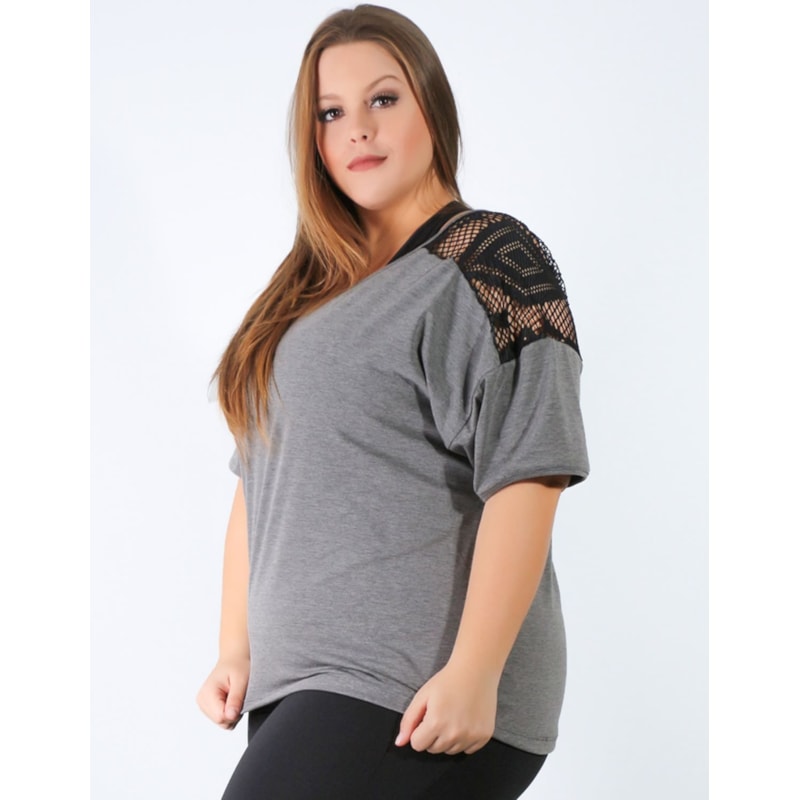 Blusa Plus Size em Viscolycra Grafite com Tela Preta | Ref: 4.4.4143-28