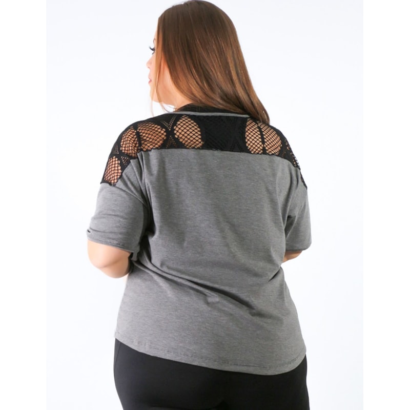 Blusa Plus Size em Viscolycra Grafite com Tela Preta | Ref: 4.4.4143-28