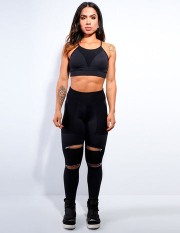 Conjunto Fitness em Poliamida Preta com Detalhes Texturizados | Ref: 6.6.0061-01