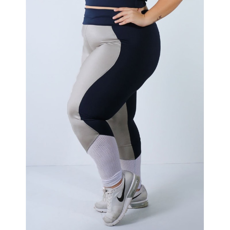 Calça Plus Size Azul Marinho com Cirrê Prata e Tela Branca | Ref: 4.4.4136-1845