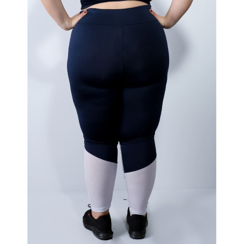 Calça Plus Size Azul Marinho com Cirrê Prata e Tela Branca | Ref: 4.4.4136-1845