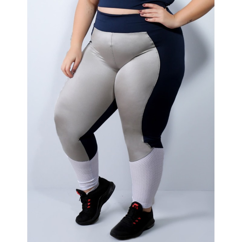 Calça Plus Size Azul Marinho com Cirrê Prata e Tela Branca | Ref: 4.4.4136-1845
