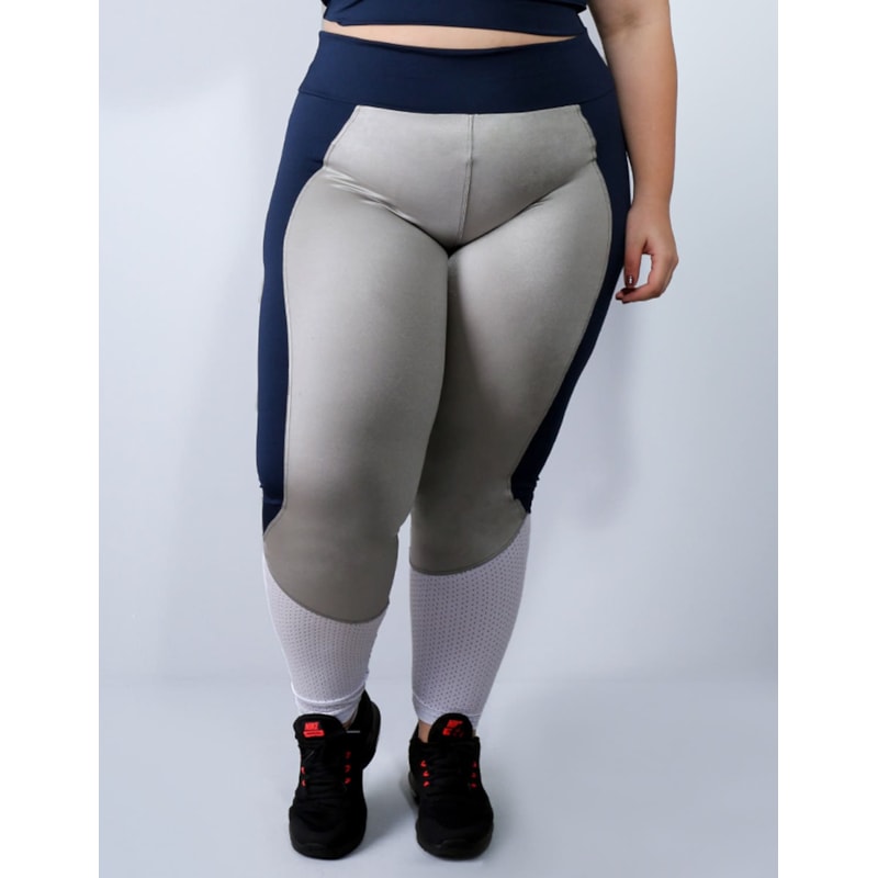 Calça Plus Size Azul Marinho com Cirrê Prata e Tela Branca | Ref: 4.4.4136-1845