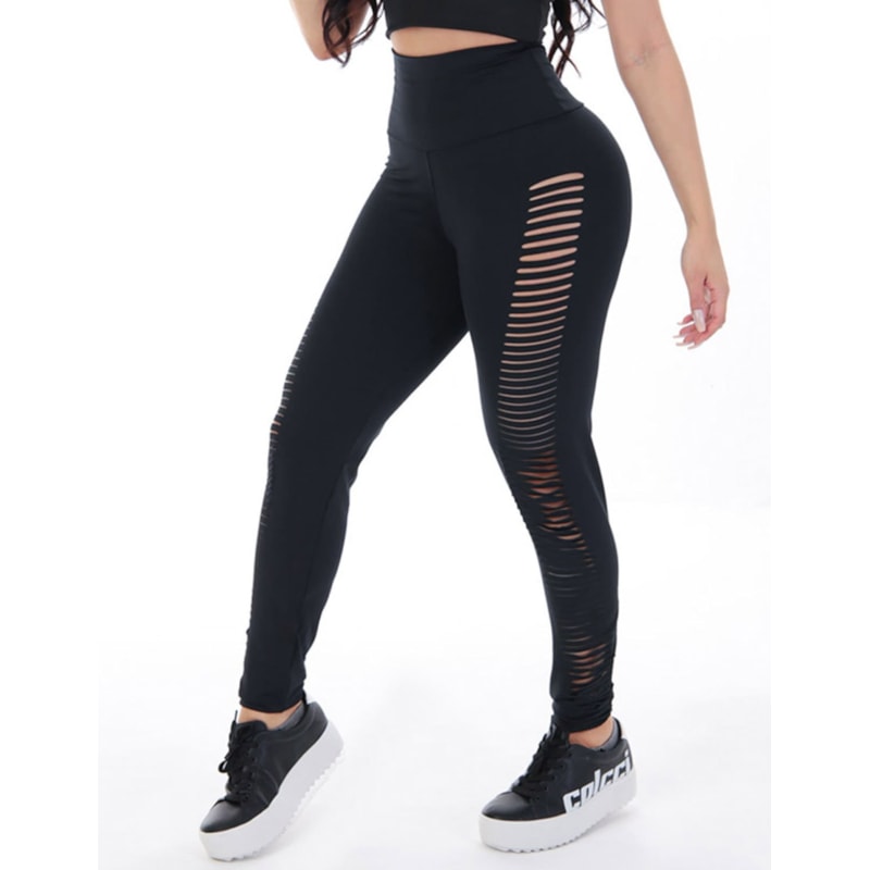 Calça Legging Preta com Recortes Laterais a Laser | Ref: 4.4.4315-01