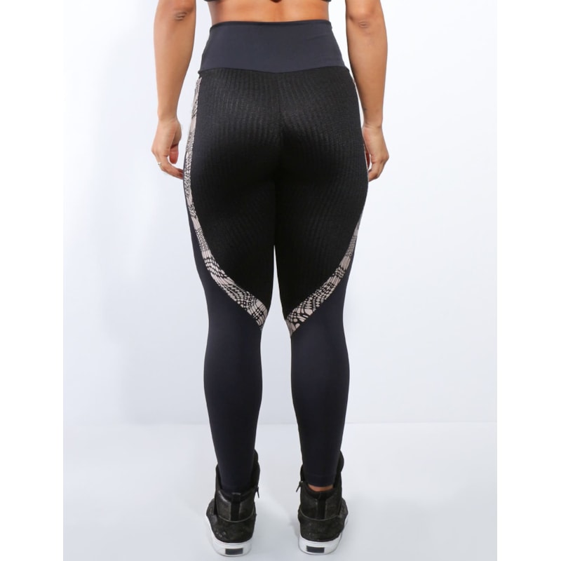 Calça Legging em Poliamida Preta com Cirrê Estampado e Recorte Texturizado | Ref: 3.3.2354-1389