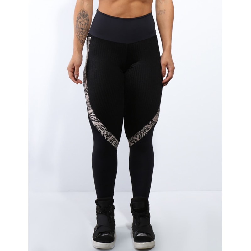 Calça Legging em Poliamida Preta com Cirrê Estampado e Recorte Texturizado | Ref: 3.3.2354-1389