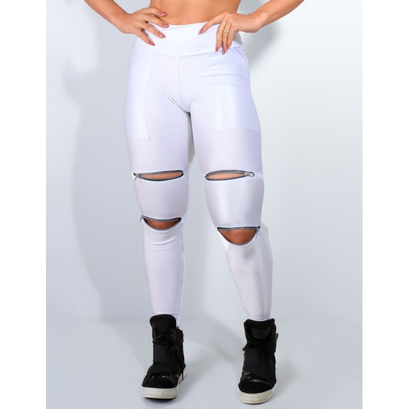 Calça Branca em Poliamida Texturizada com Recortes de Cirrê e Bolsos Laterais | Ref: 3.3.2221TEXT-02