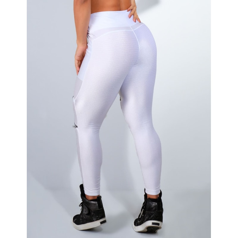 Calça Branca em Poliamida Texturizada com Recortes de Cirrê e Bolsos Laterais | Ref: 3.3.2221TEXT-02