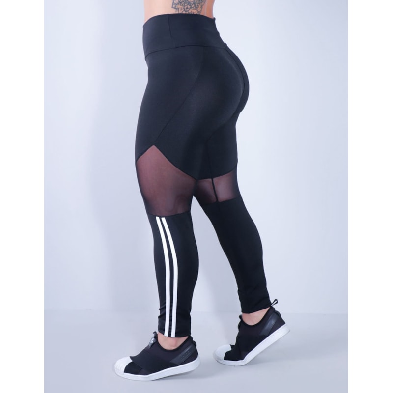 Calça Preta Feminina com Tule e Listras Brancas | Ref: 4.4.4340-0102