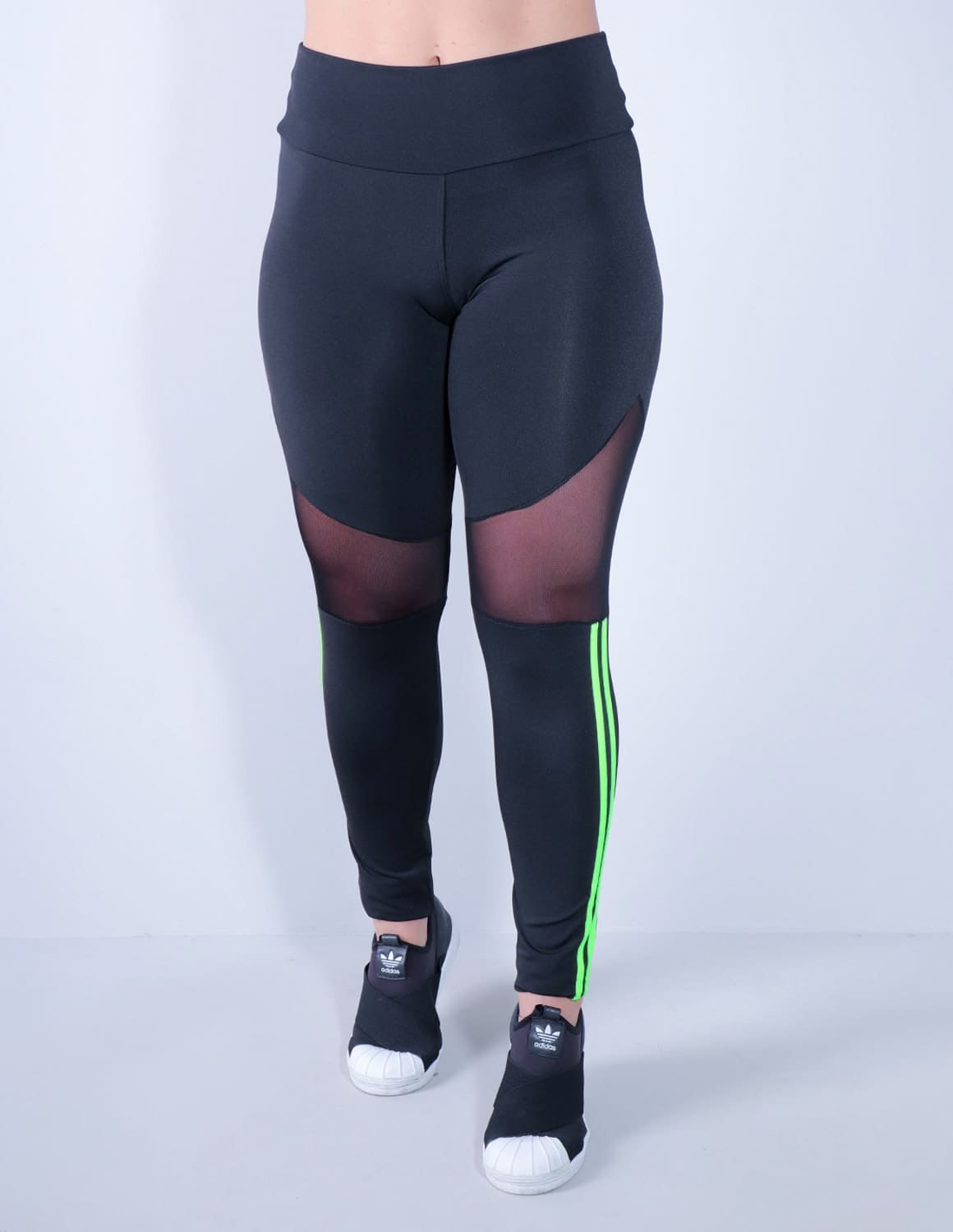 Calça Fitness Preta com Tule e Listras Verde Neon | Ref: 4.4.4340-0132