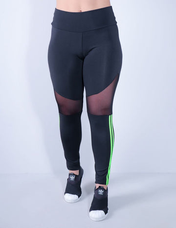 Calça Fitness Preta com Tule e Listras Verde Neon | Ref: 4.4.4340-0132